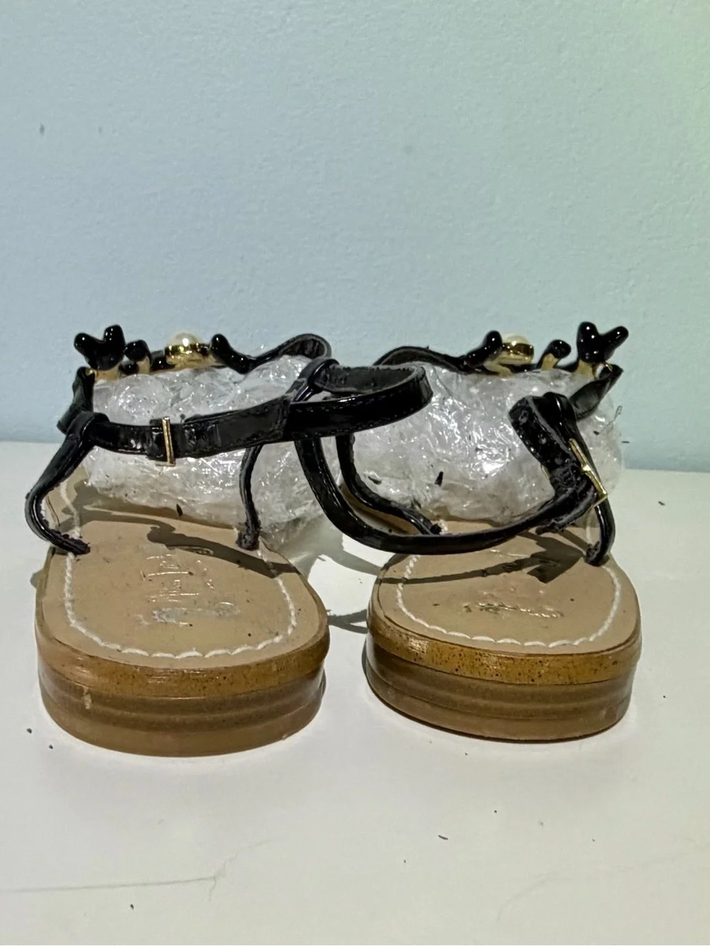 Black Coral Motif With Pearl Accent & Rhinestone Starfish T-Strap Sandals. 10
